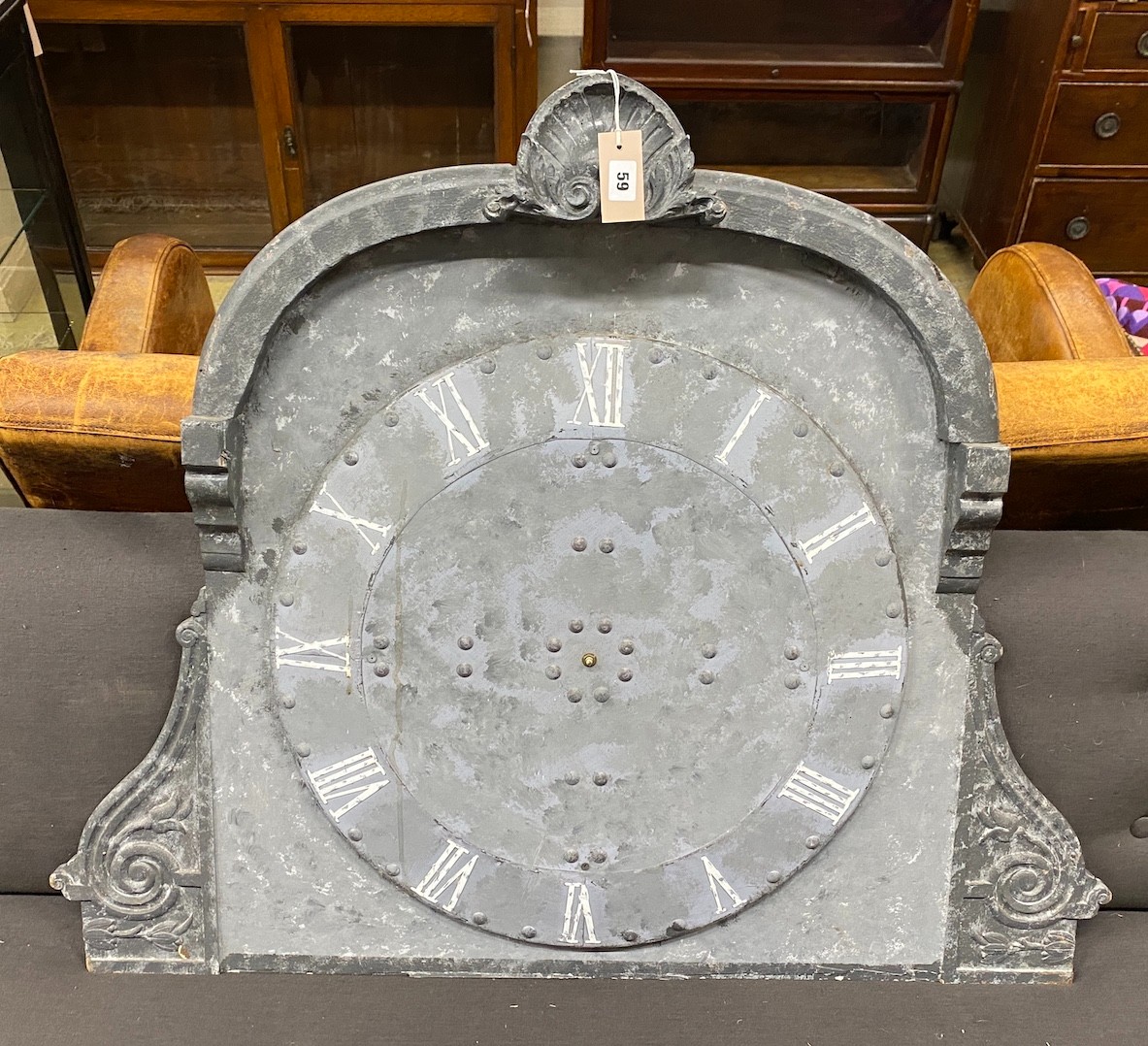 A French tin mounted exterior clock dial, width 108cm, height 87cm